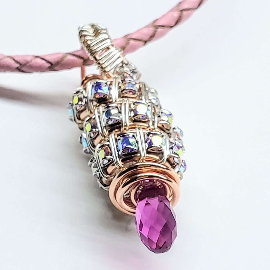 Fuchsia Crystal Drop Pendant Necklace Copper Silver Tubular