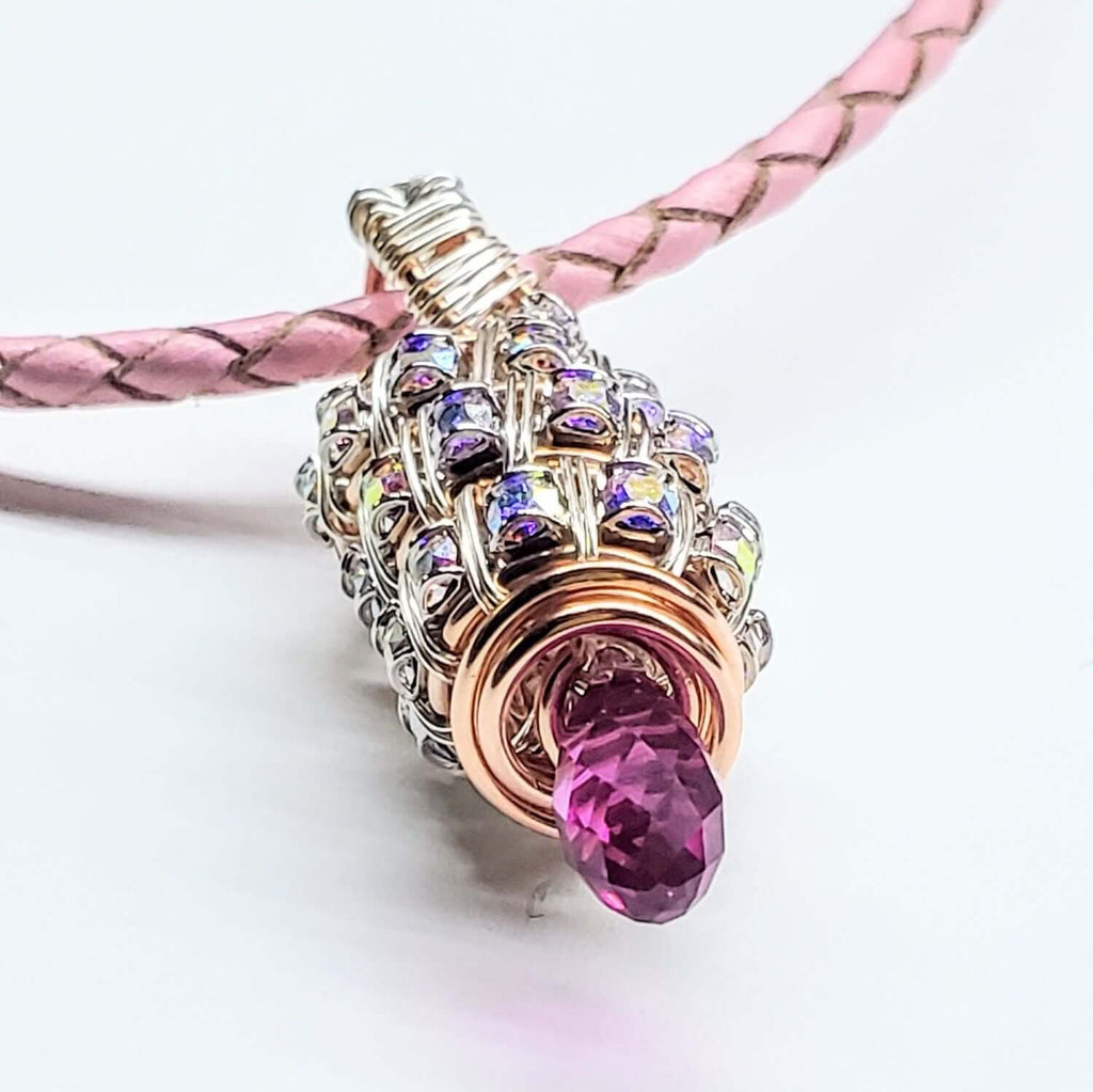Fuchsia Crystal Drop Pendant Necklace Copper Silver Tubular