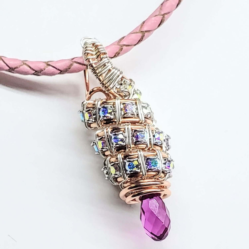Fuchsia Crystal Drop Pendant Necklace Copper Silver Tubular