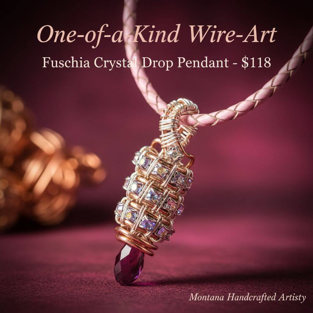 Fuchsia Crystal Drop Pendant Necklace Copper Silver Tubular