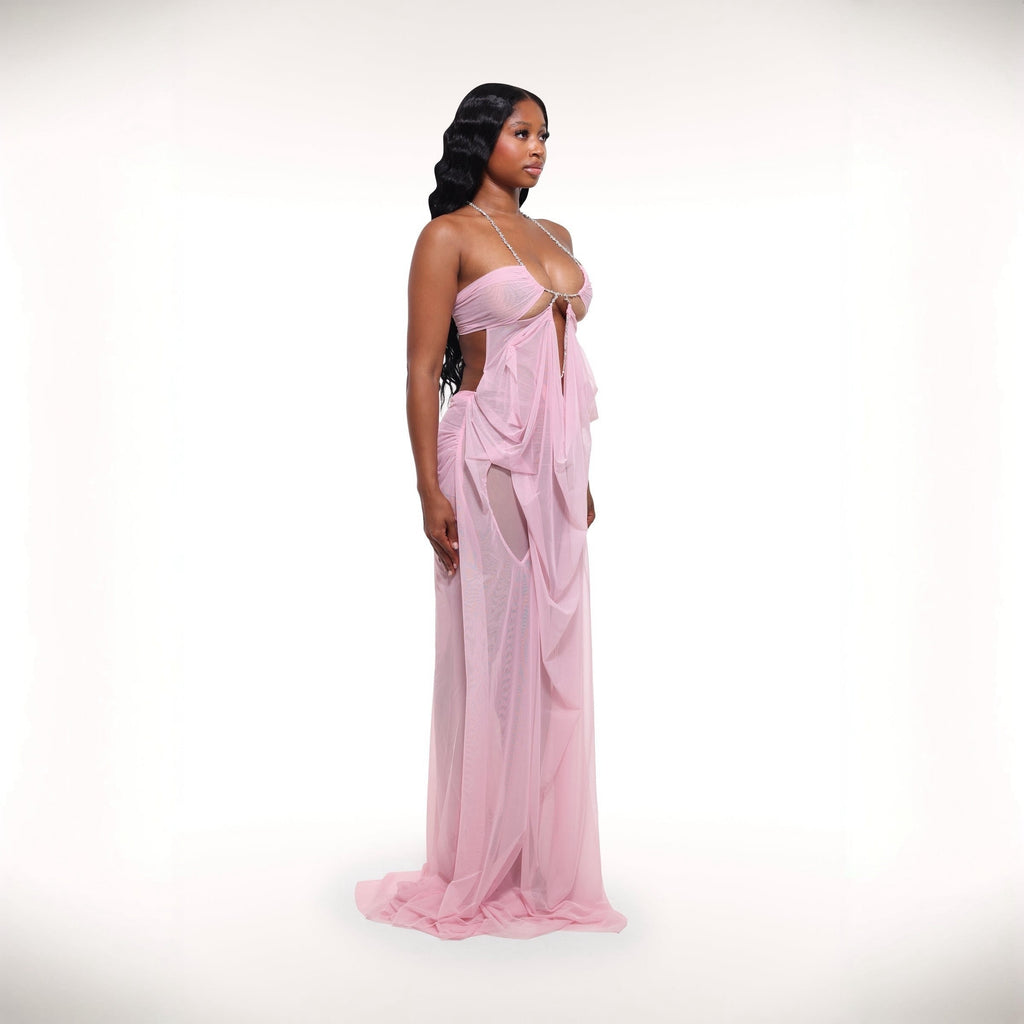 Coral Cascade Sheer Draped Pink Maxi Dress With Crystal Detail