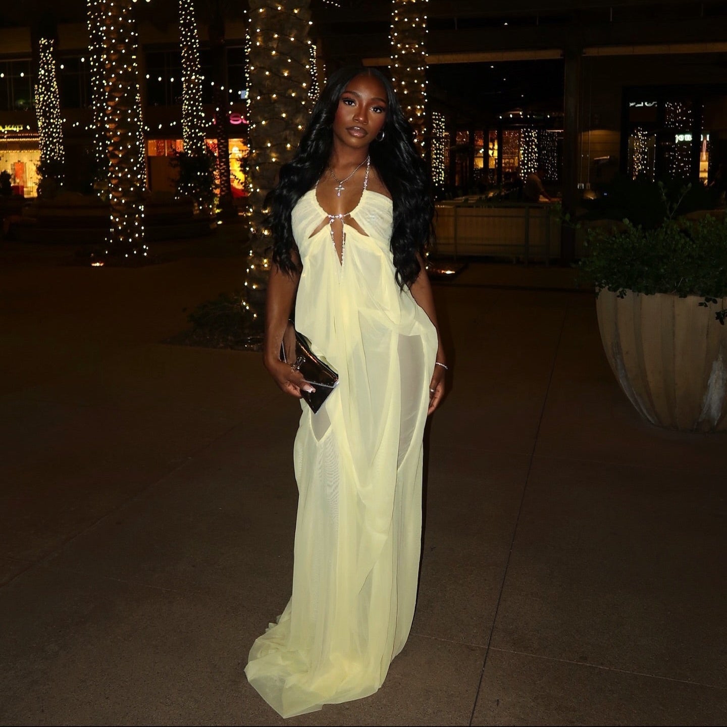 Coral Cascade Sheer Draped Yellow Maxi Dress With Crystal Detail