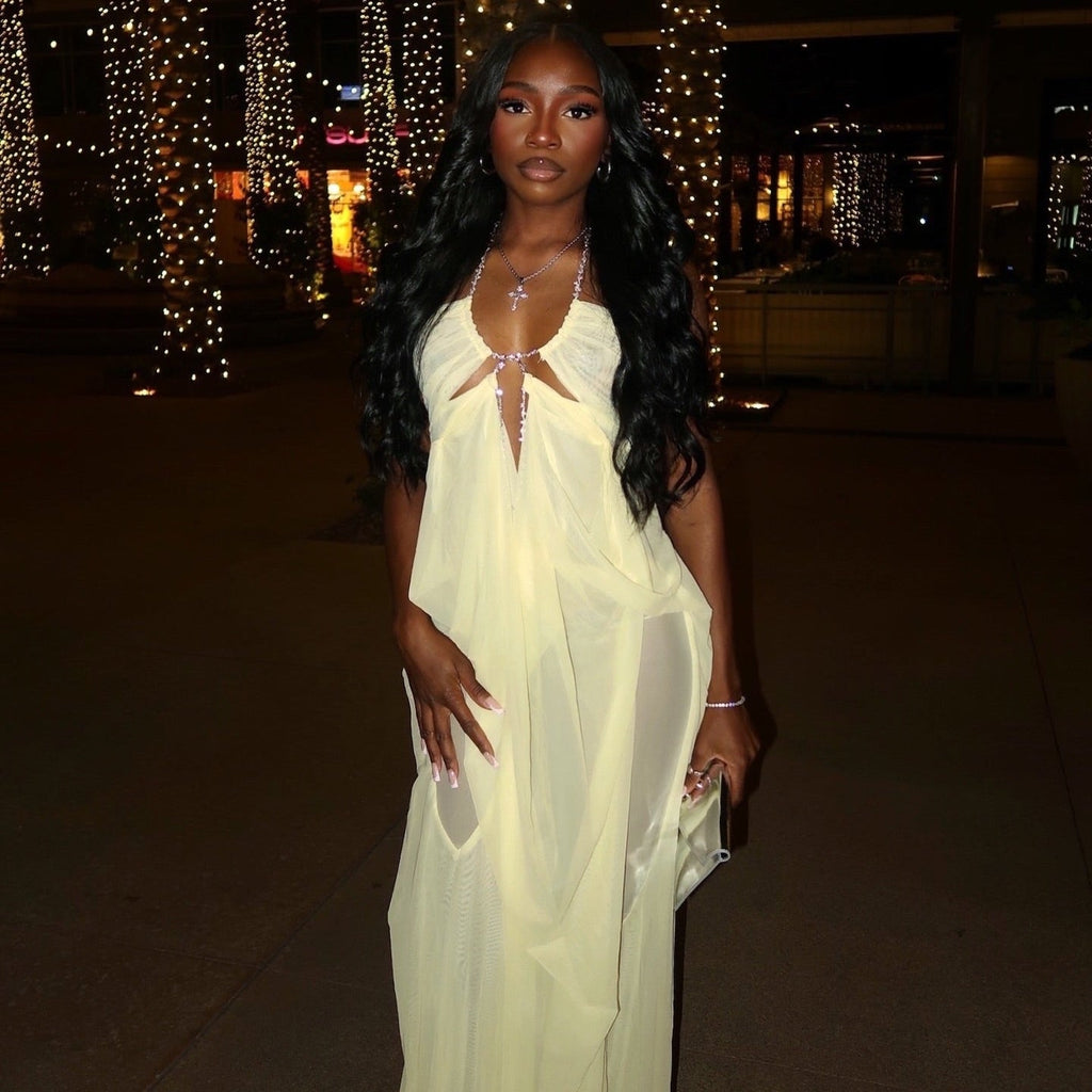 Coral Cascade Sheer Draped Yellow Maxi Dress With Crystal Detail