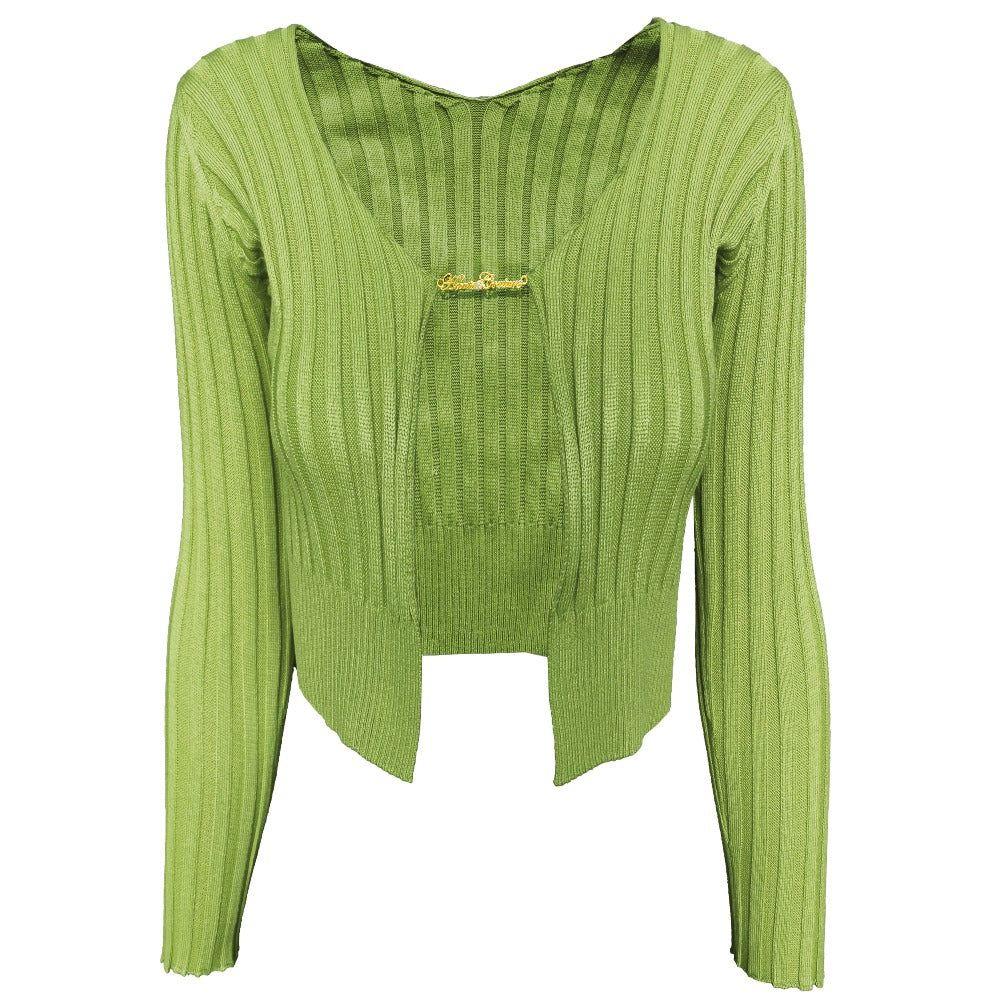 Cosmopolitan Light Green Ribbed Knit Chain Detail Top