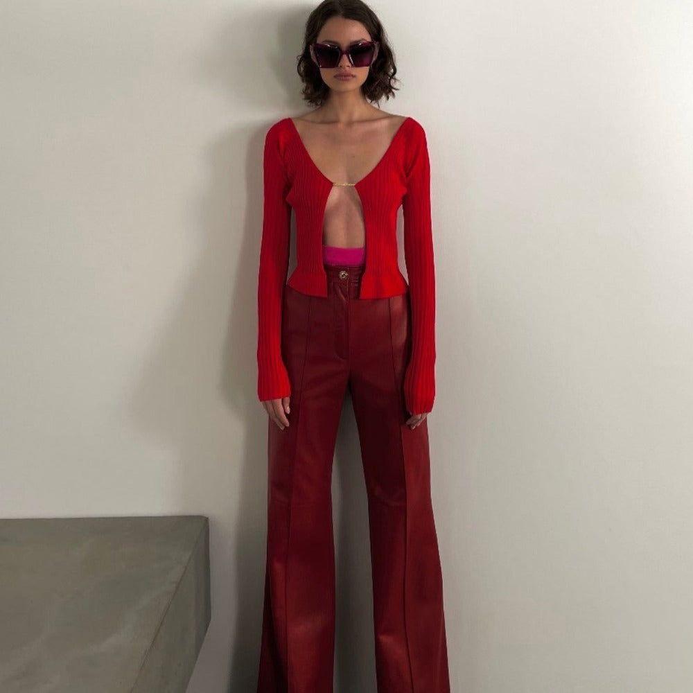 Cosmopolitan Red Ribbed Knit Top with Chain Detail