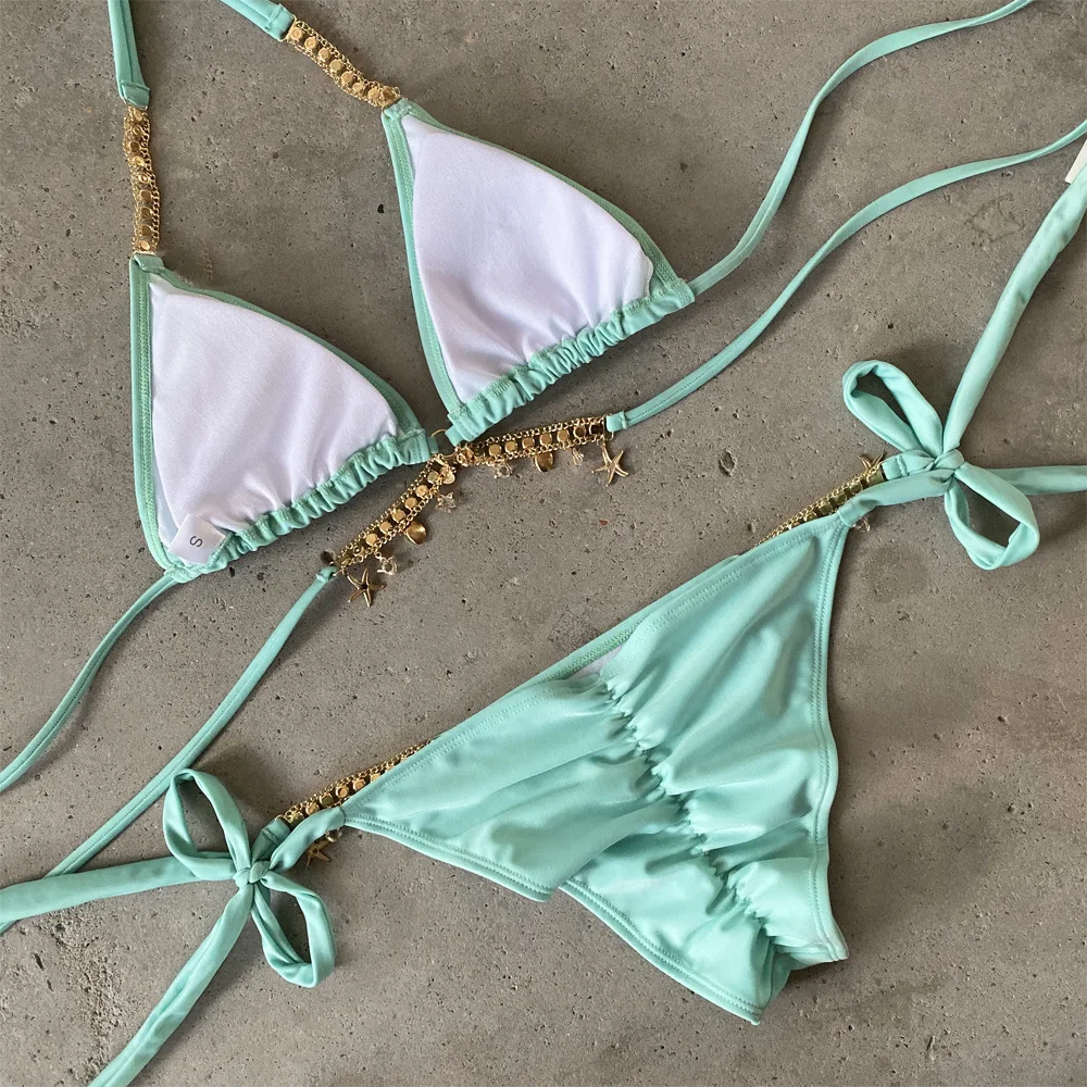 Crystal Rhinestone Mint Halter Bikini