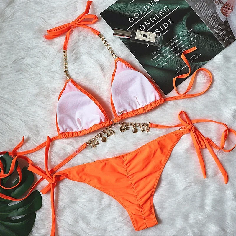 Crystal Rhinestone Orange Halter Bikini