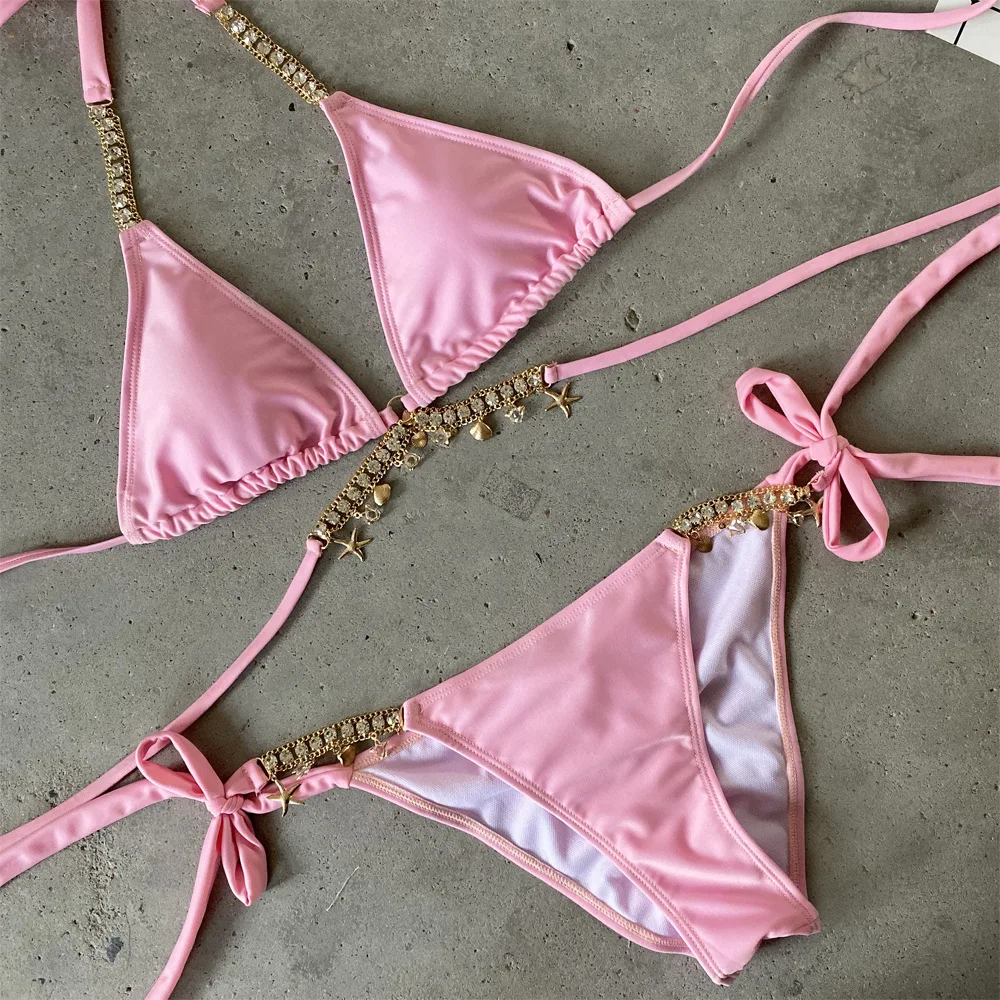 Crystal Rhinestone Pink Halter Bikini