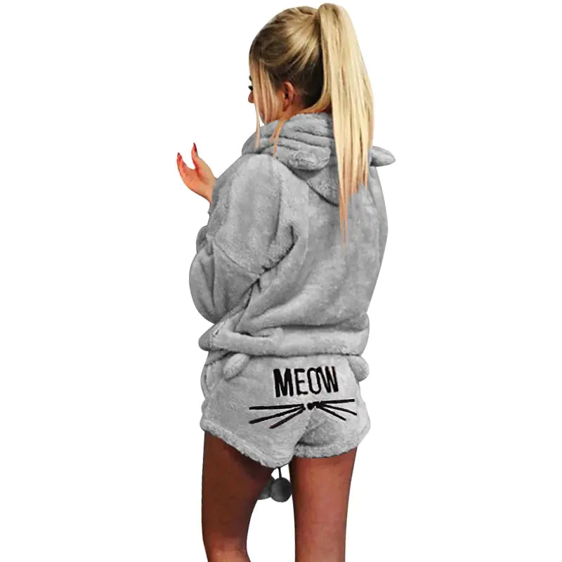 Women's Plush Hoodie and Shorts Pajama Loungewear Set
