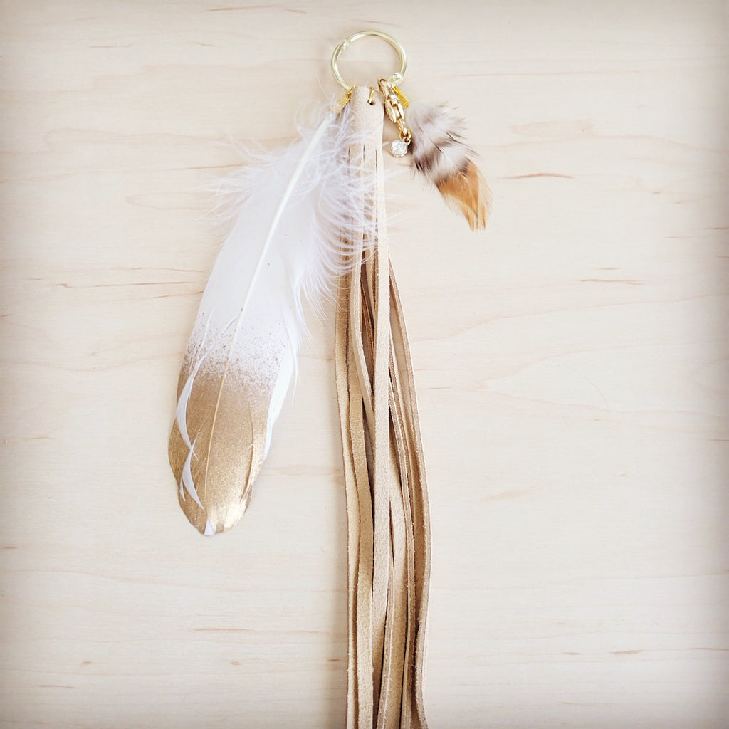 Boho Western Leather Boot Bling Charm Gold White Feather 500r