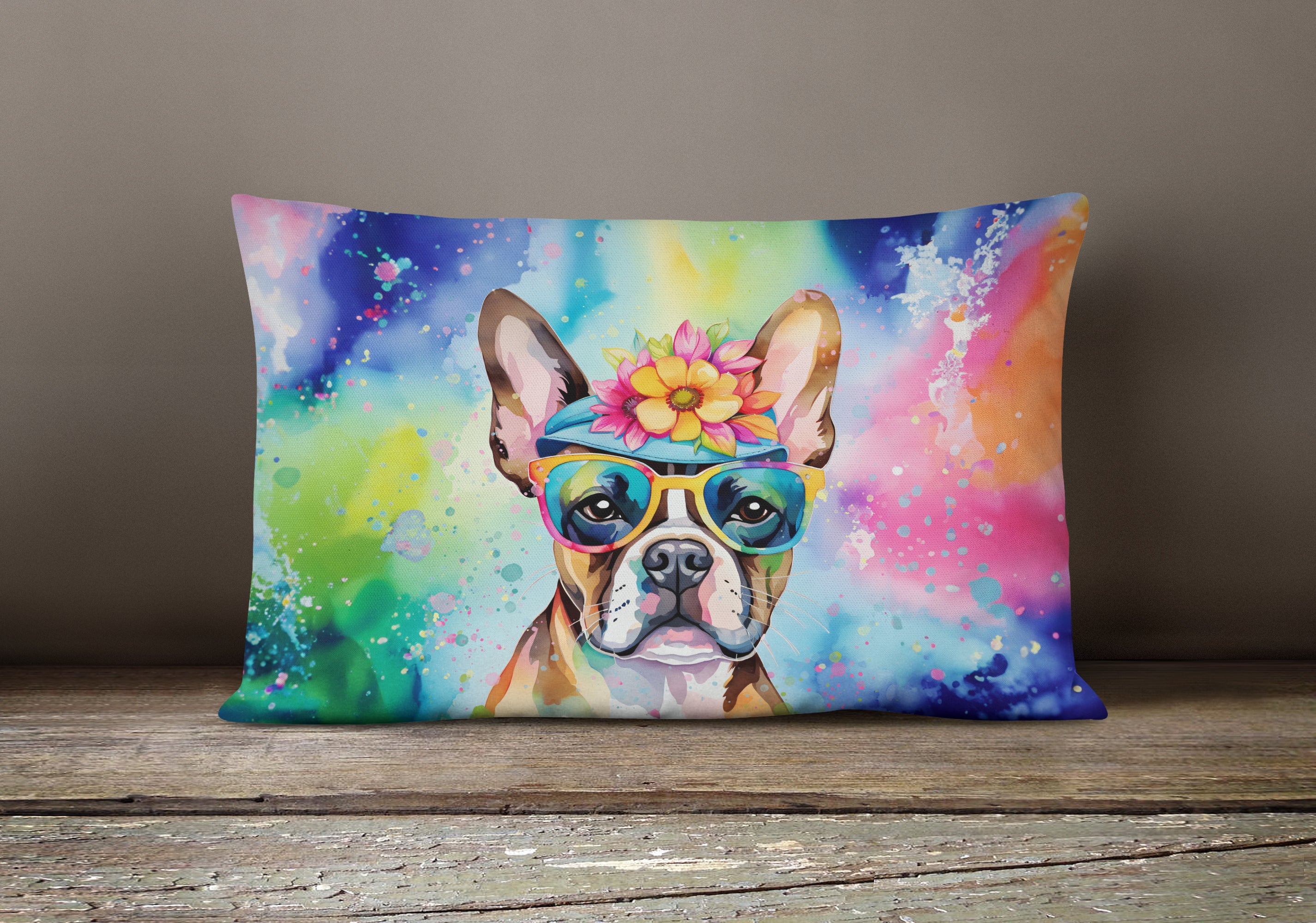 Boston Terrier Hippie Dawg Fabric Decorative Pillow DAC2468PW1216