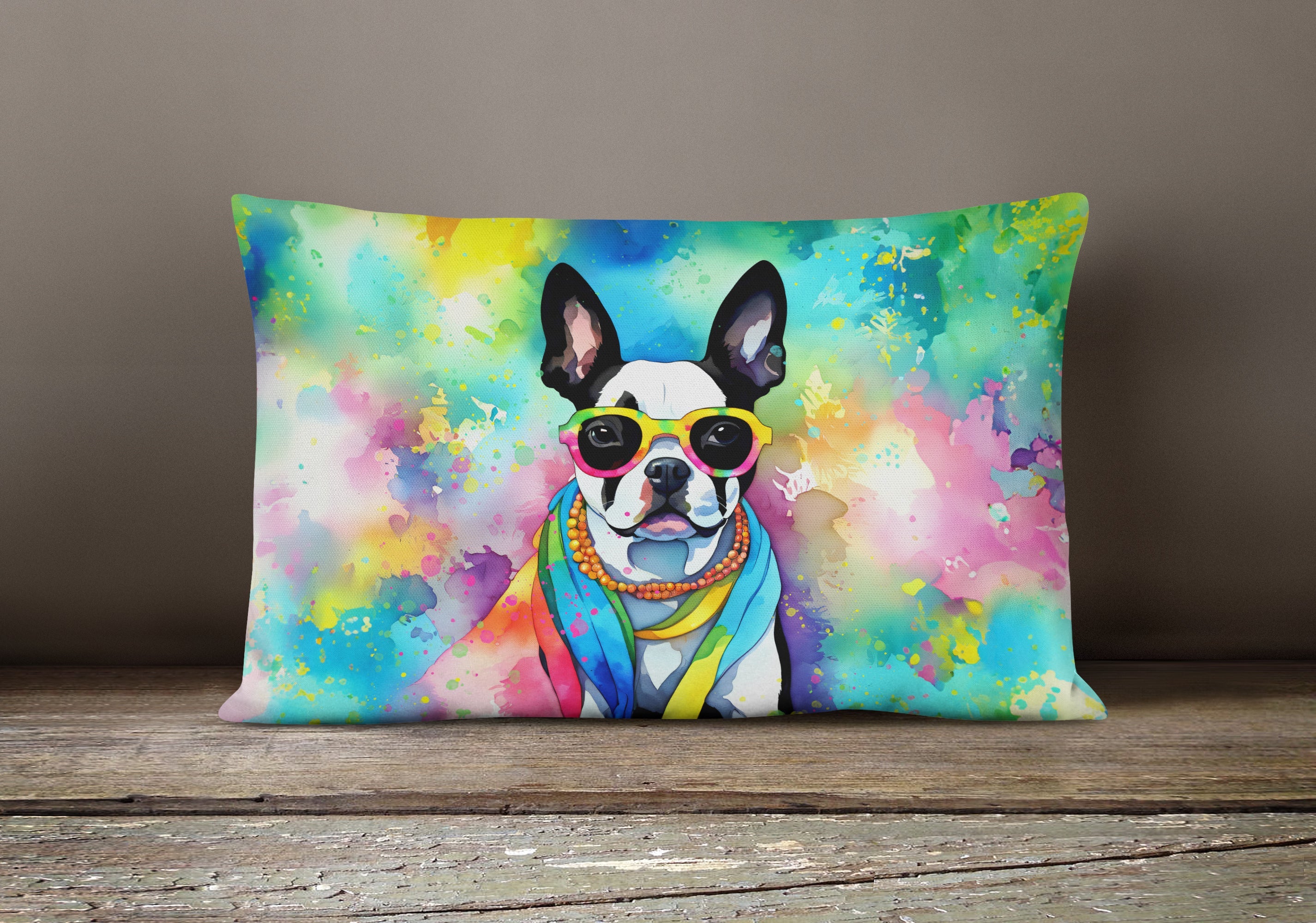 Boston Terrier Hippie Dawg Fabric Decorative Pillow DAC2469PW1216