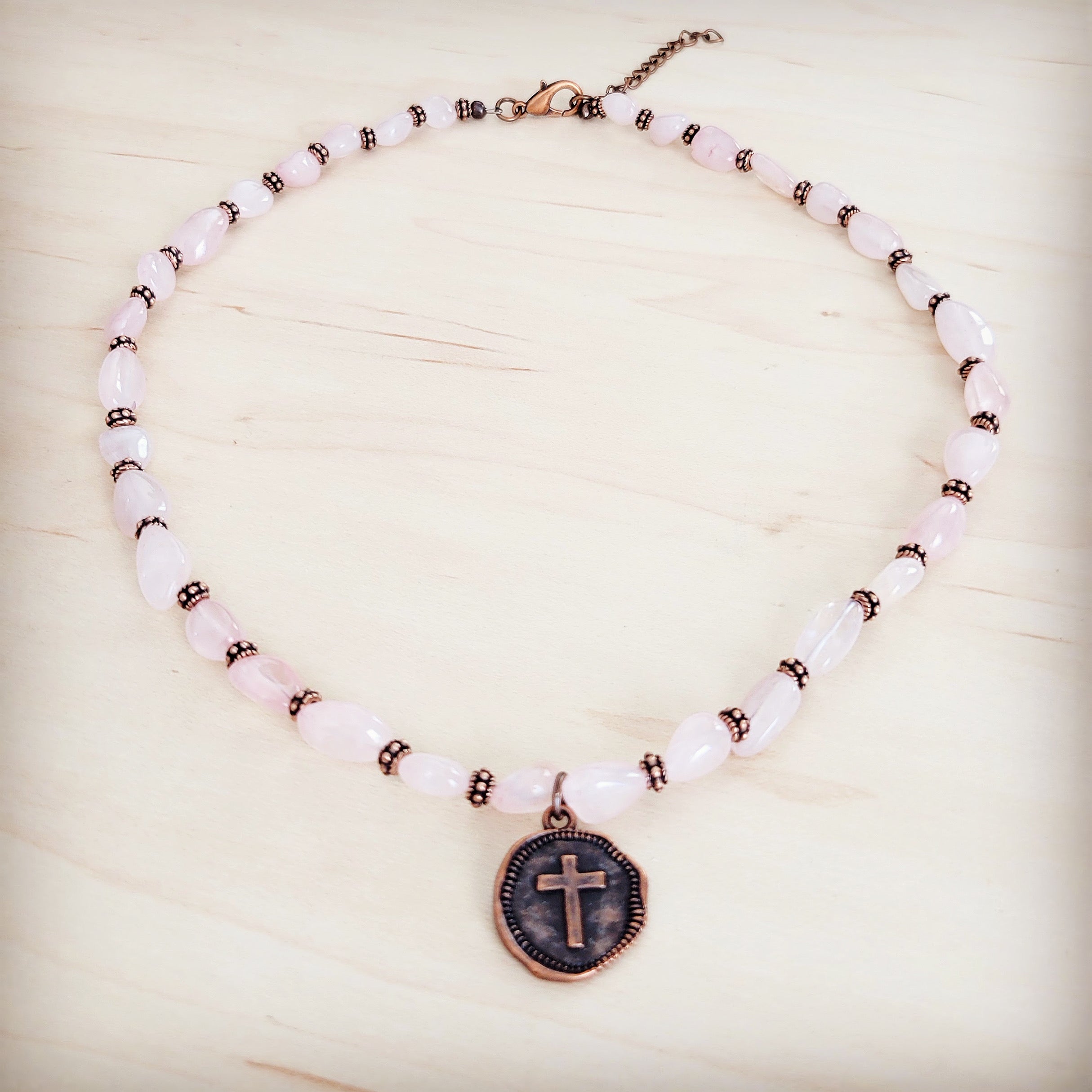 **Rose Quartz Collar Necklace w/ Copper Cross Round Charm 263j