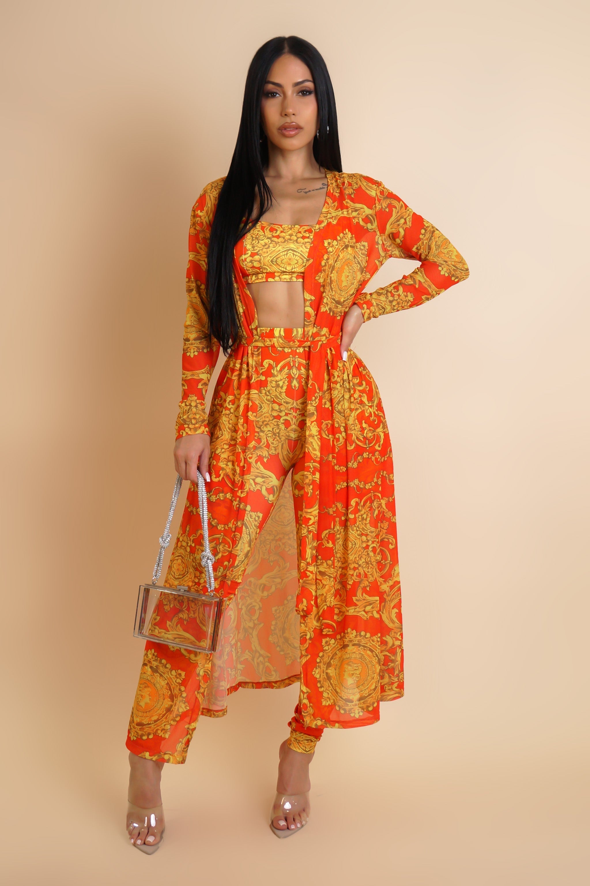 Flirt Alert Leggings, Cropped Top, & Cardigan 3-Piece Set- Orange