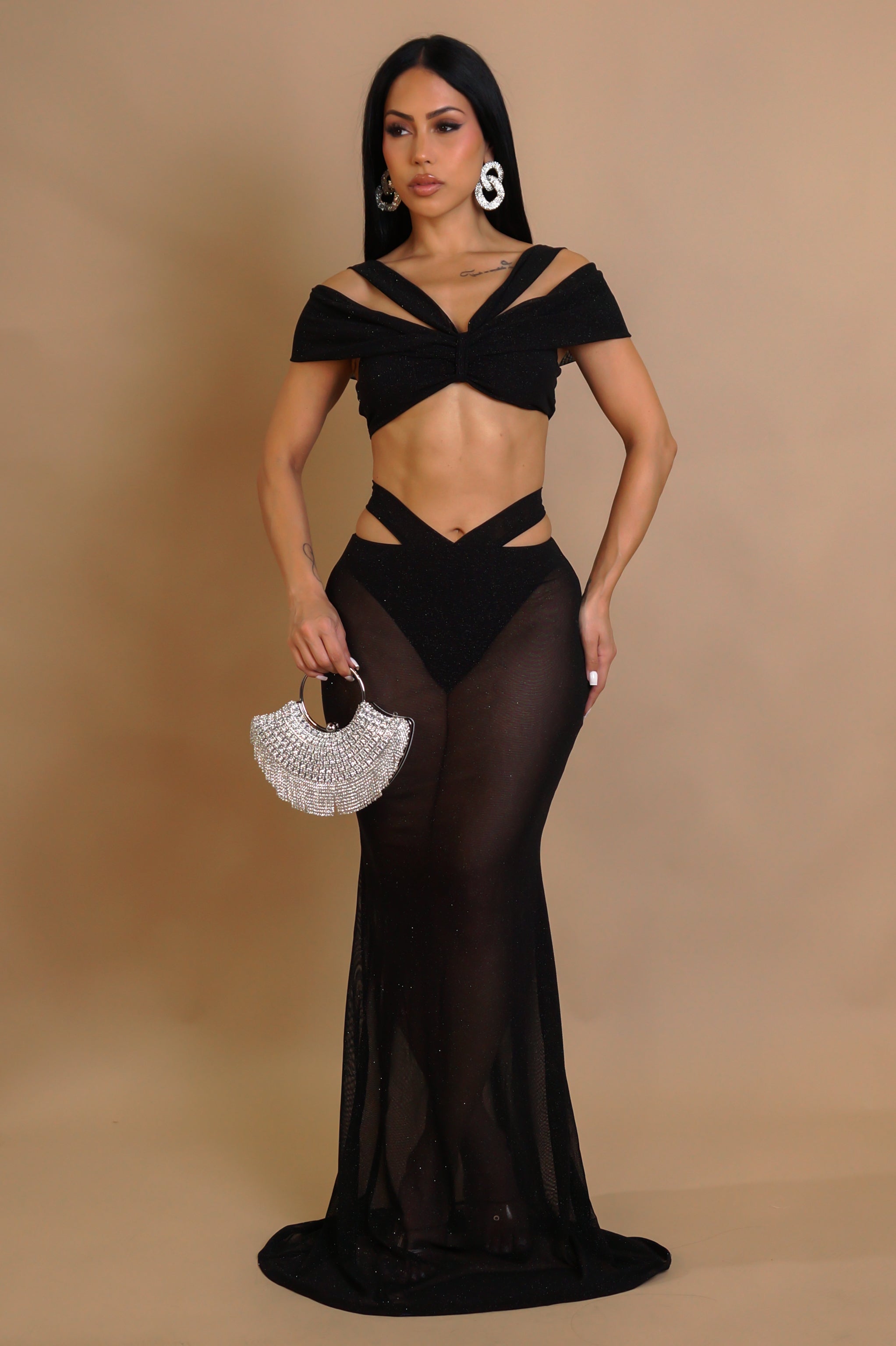 Mesh Glitter Resort Wear Beach Summer Black Skirt Set