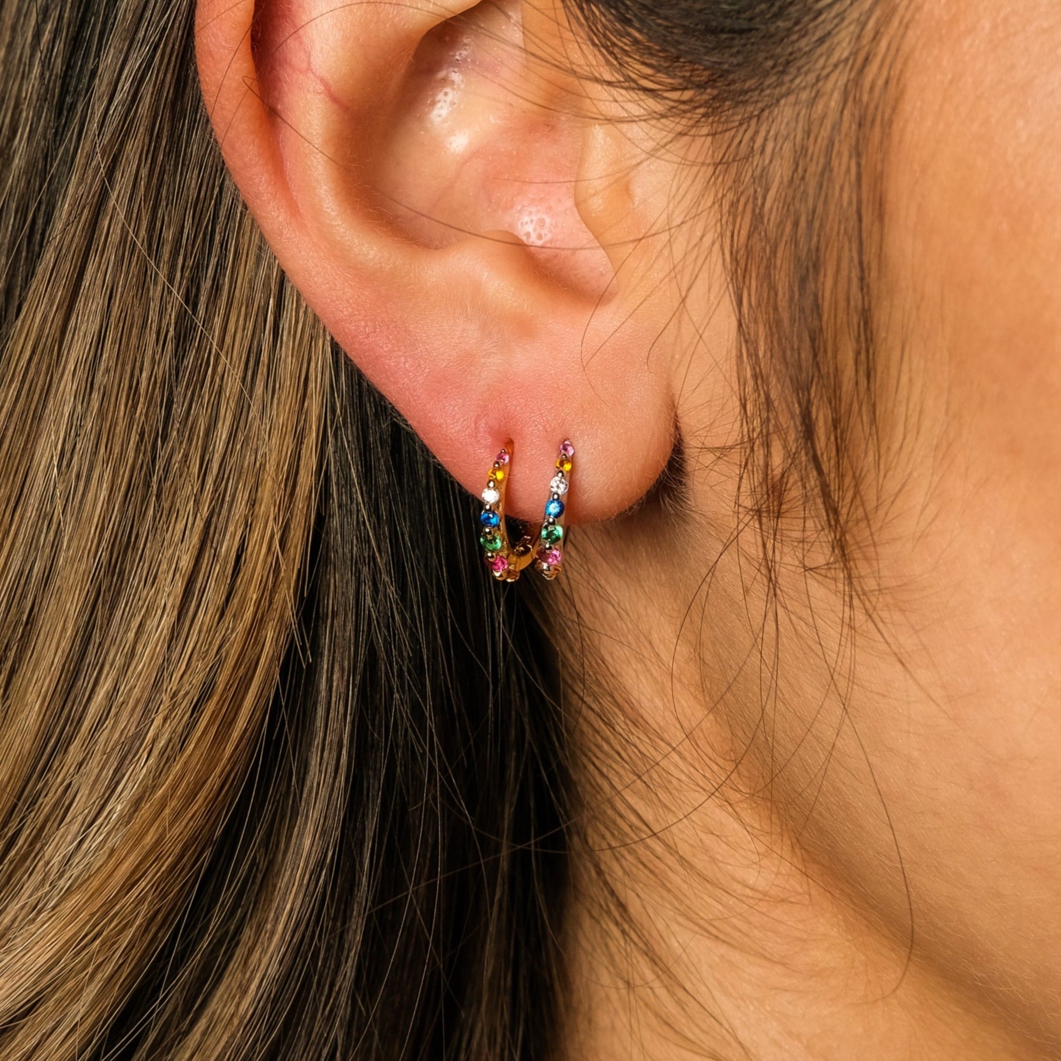 Multicolored Rainbow CZ Tiny Hoop Earrings