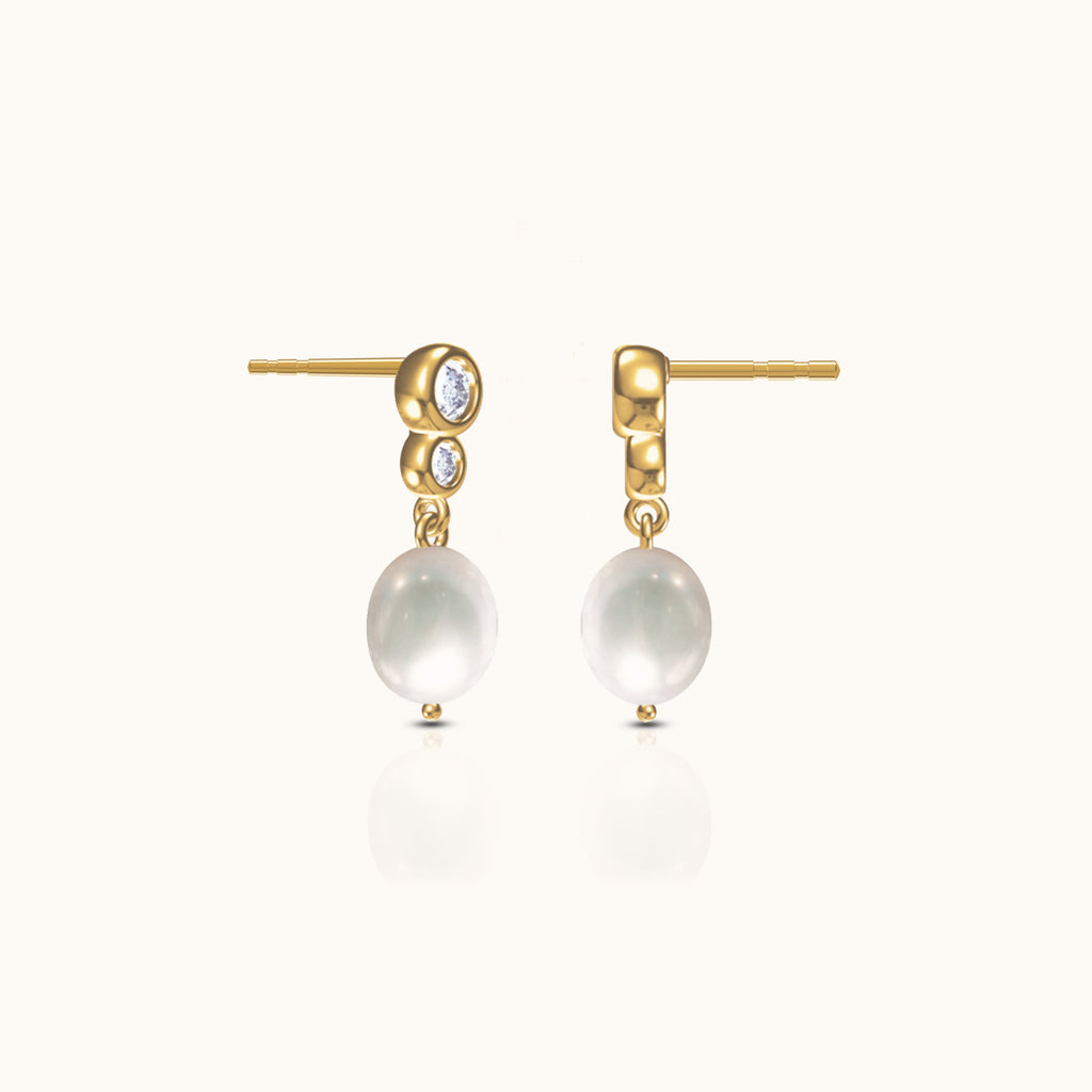 Dangle Natural Pearl CZ Bezel Bar Drop Bridal Stud Earrings