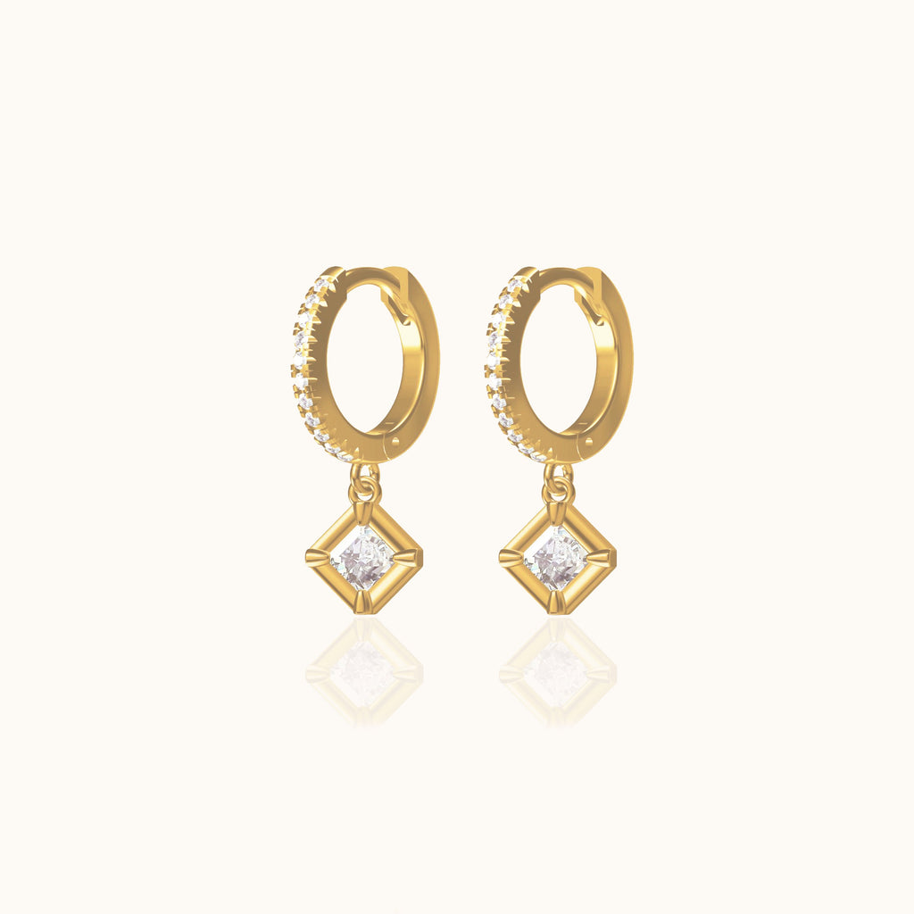 Diamond Shaped Dangle CZ Pave Hoop Earrings