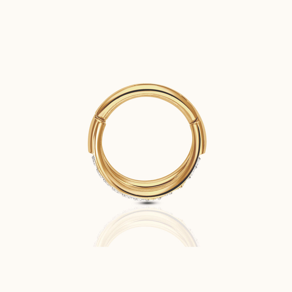 Double Circle CZ Pave Clicker Titanium PVD Gold Hinged Hoop Earring