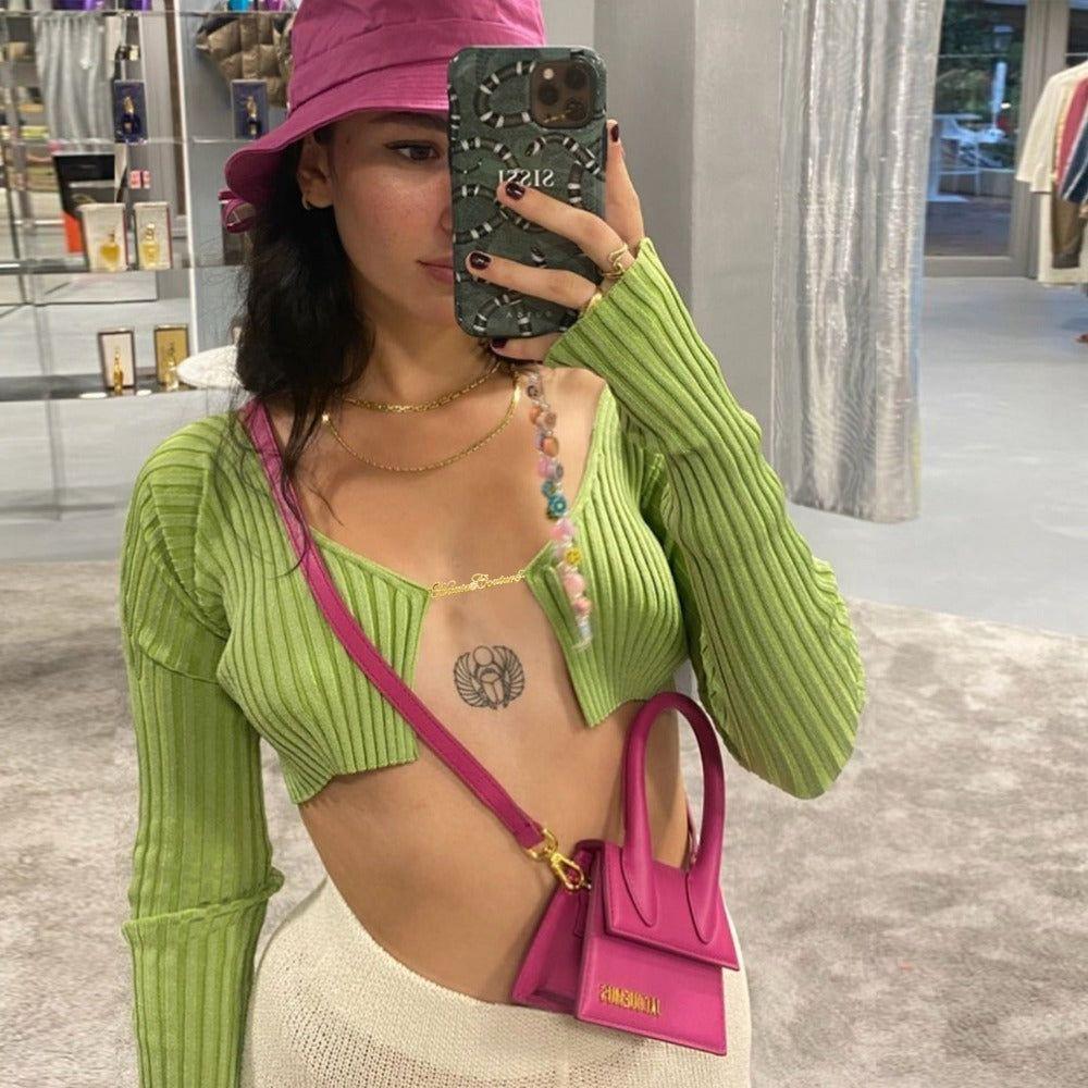 Emilia Green Ribbed Long Sleeve Crop Top