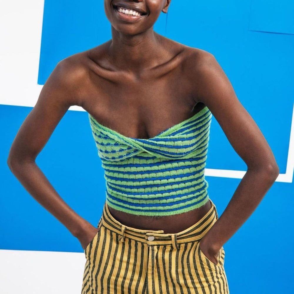 Euro Striped Light Green Cutout Knitted Crop Top