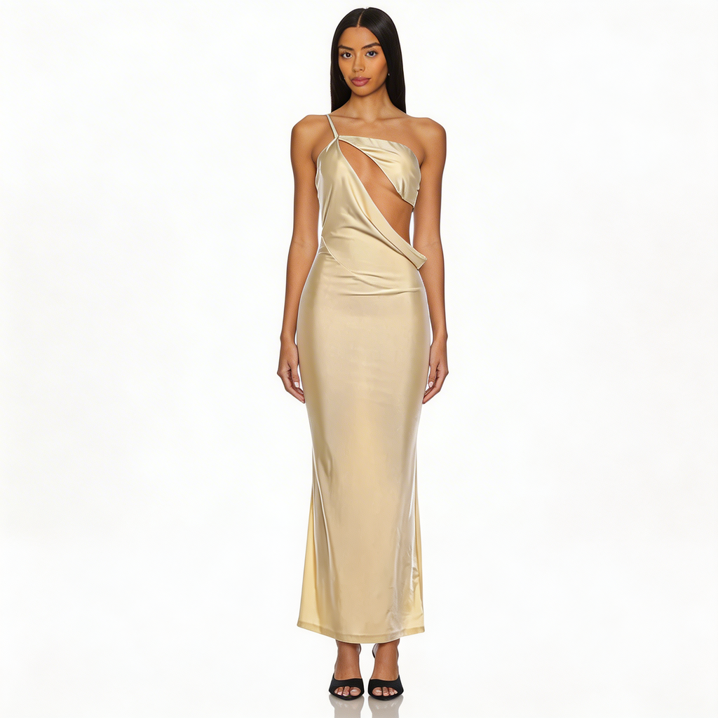 Everhart Gold Asymmetric Cut-Out Maxi Dress