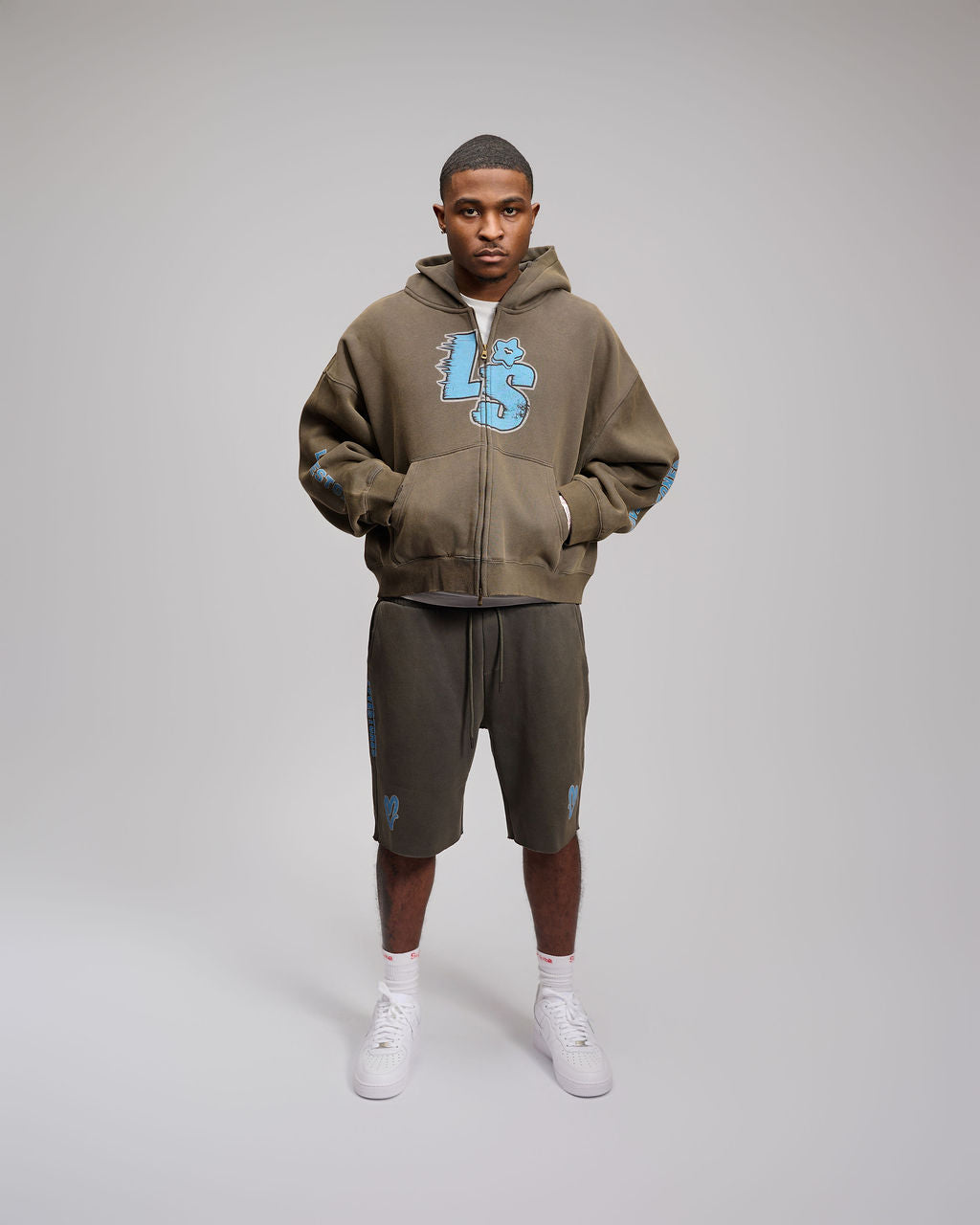 Double Heart LS Shorts - Grey & Light Blue