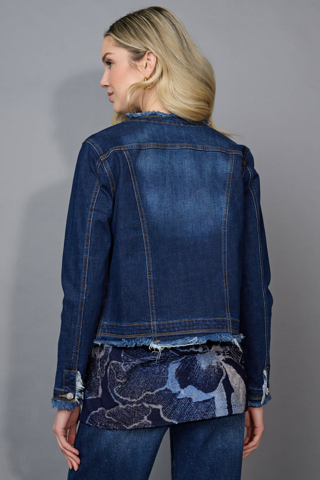 Collarless Frayed Edge Denim Jacket by Picadilly Canada