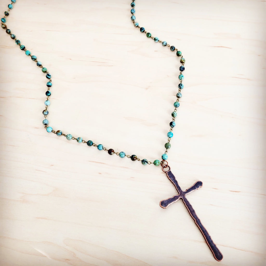 Genuine African Turquoise Long Beaded Necklace with Antique Copper Cross 262y