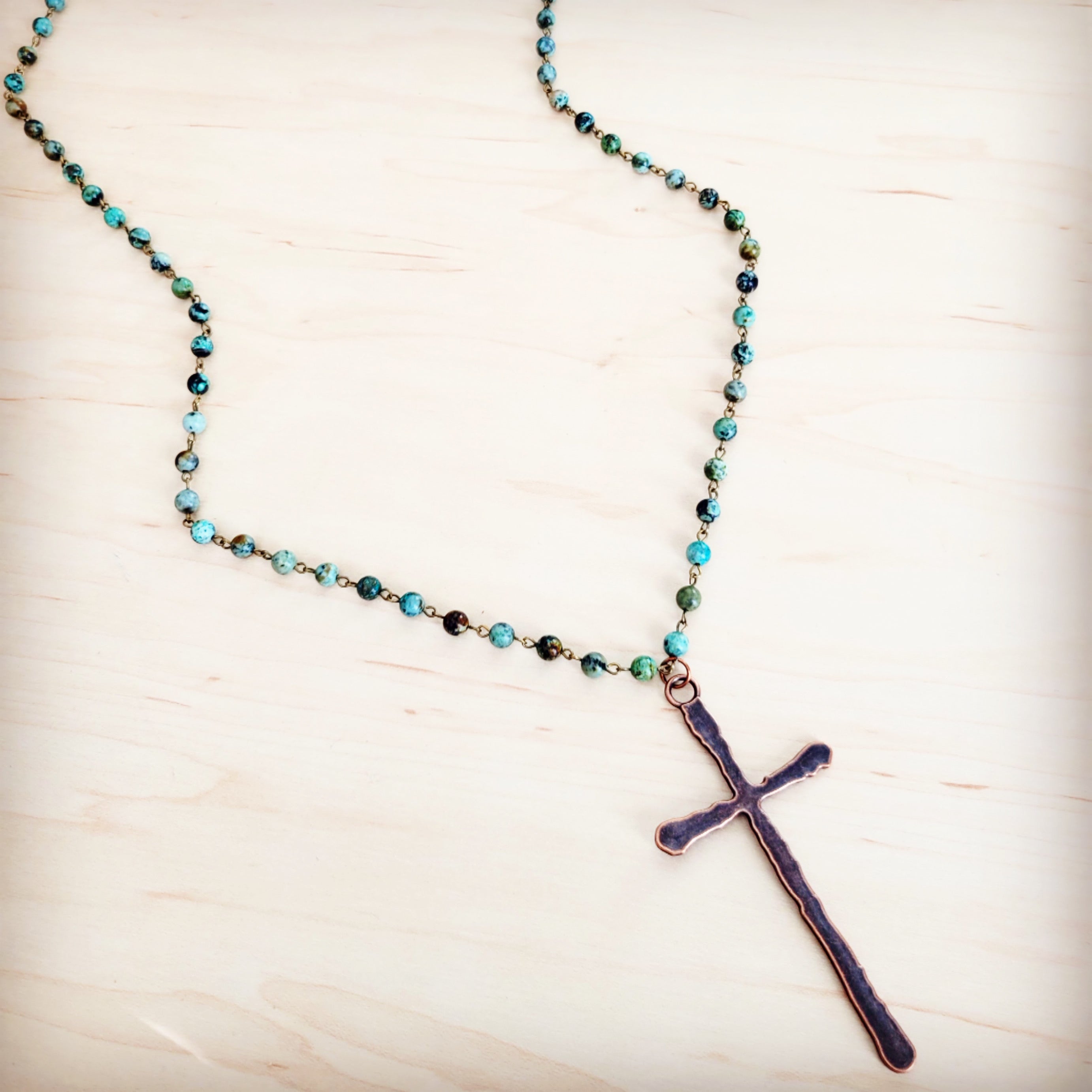 Genuine African Turquoise Long Beaded Necklace with Antique Copper Cross 262y