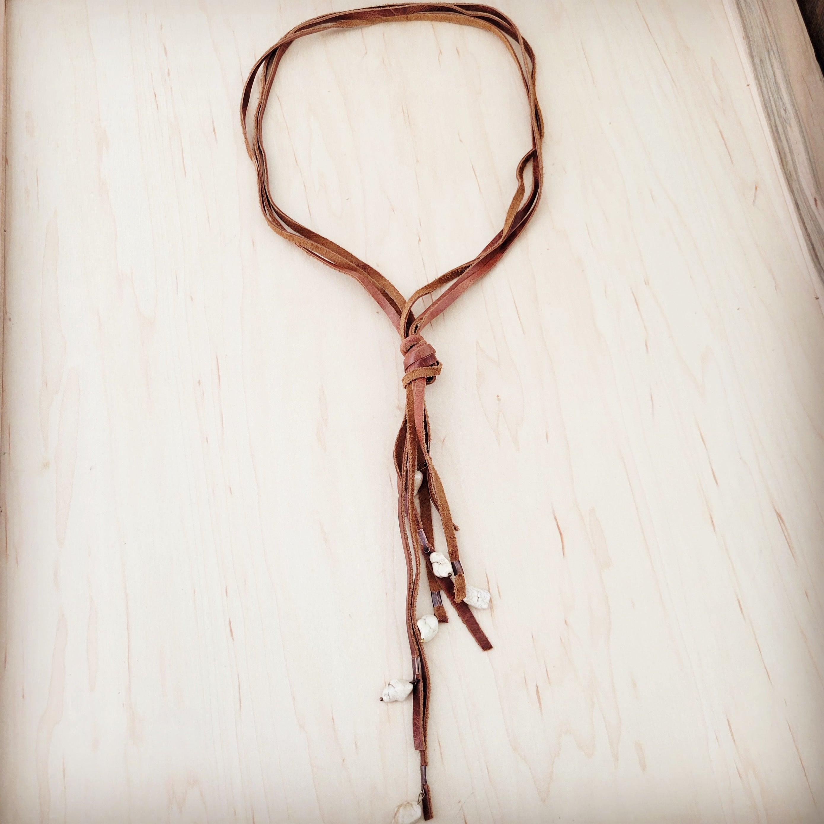 Rustic Knotted Leather Cord Necklace with White Turquoise 263L