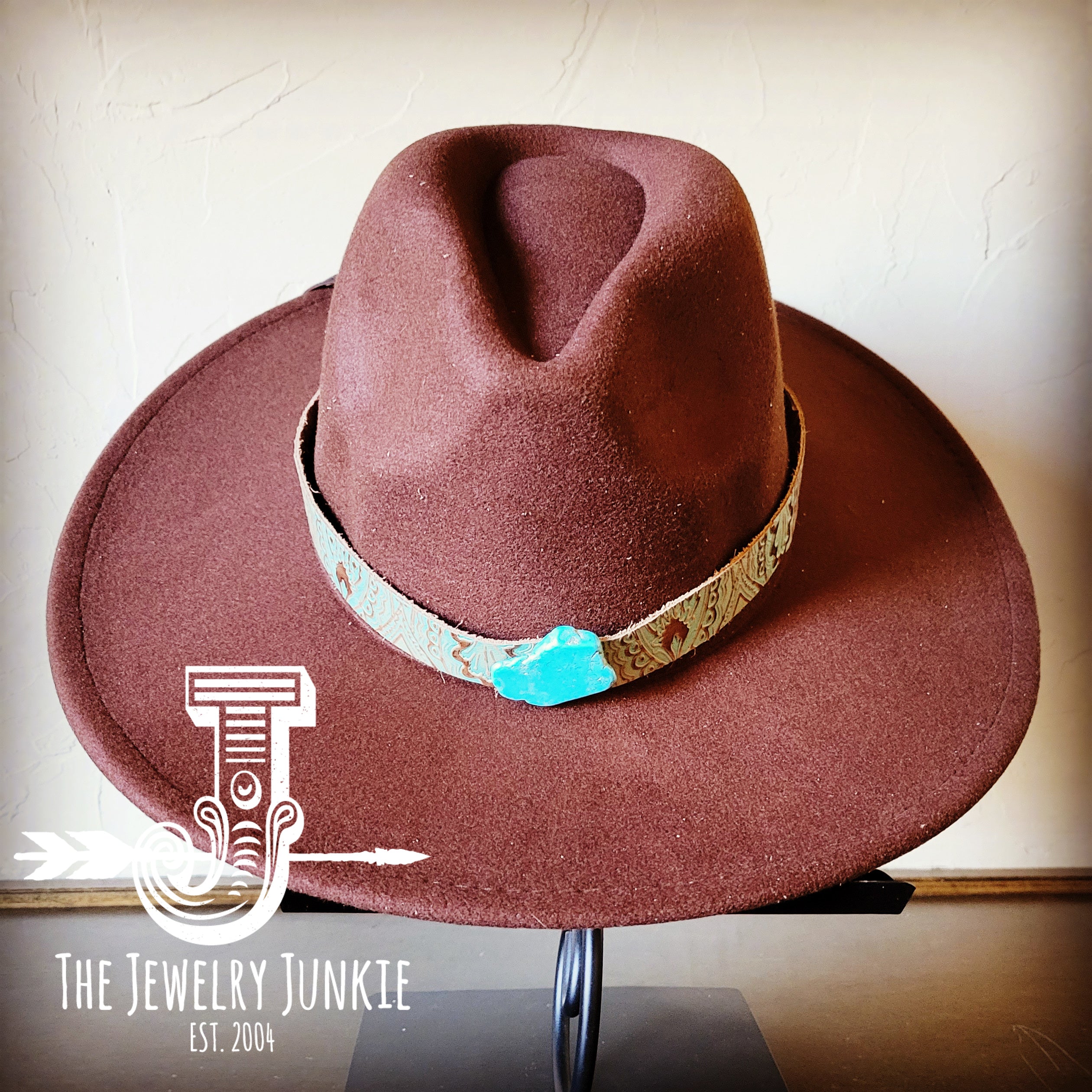 **Boho Western Felt Hat w/ Choice of Leather Hat Band w/ Turquoise Slab-Brown 980h