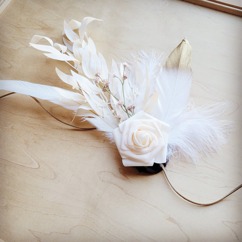 Boho Western Wedding Floral & Feather Bridal Hat in Brown 984m