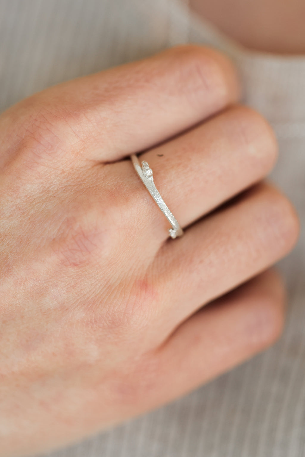 Budding twig ring Size 8, stackable rings, Maine forest botanical jewelry, recycled sterling silver, hand carved