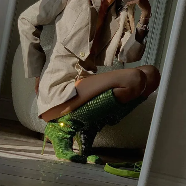 Fashionista Green Rhinestone Stiletto Boots