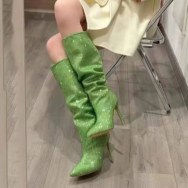 Fashionista Green Rhinestone Stiletto Boots