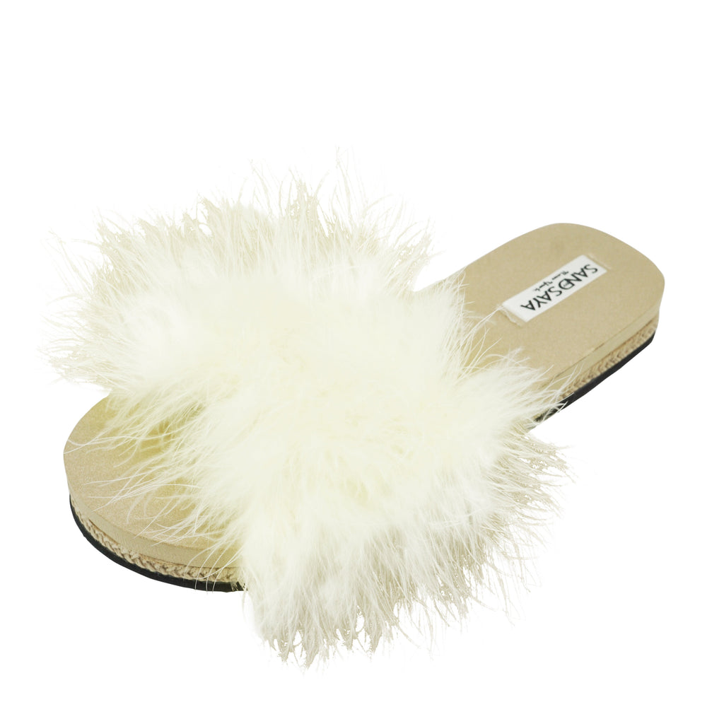 White Feather Espadrille Flat Slide Slippers for Women | Handmade Vegan Leather Sandals