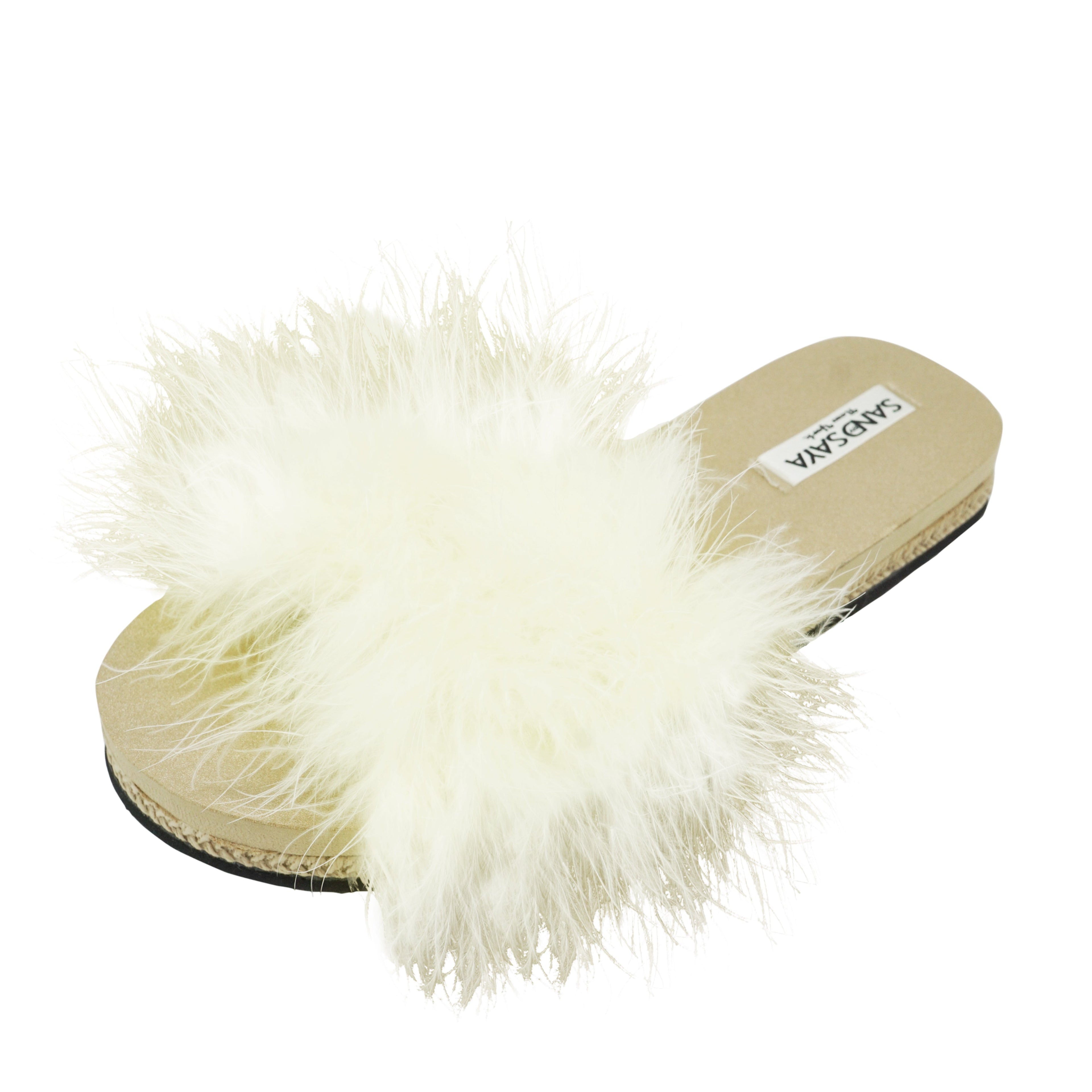 White Feather Espadrille Flat Slide Slippers for Women | Handmade Vegan Leather Sandals