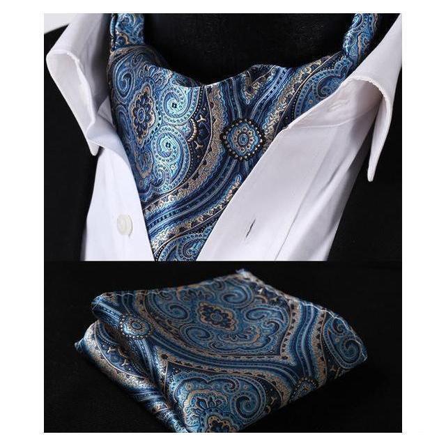 Floral Blue Silk Ascot/Cravat Tie & Handkerchief Collection