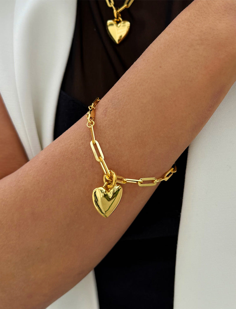 PUFFY HEART Charm Medium Paperclip Link Chain Bracelet | 18K Gold Vermeil