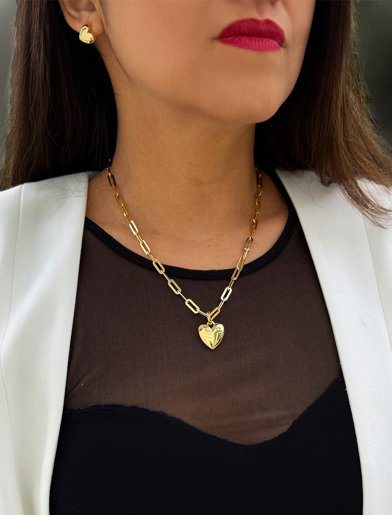 PUFFY HEART Pendant Link Chain Necklace | 18K Gold Vermeil