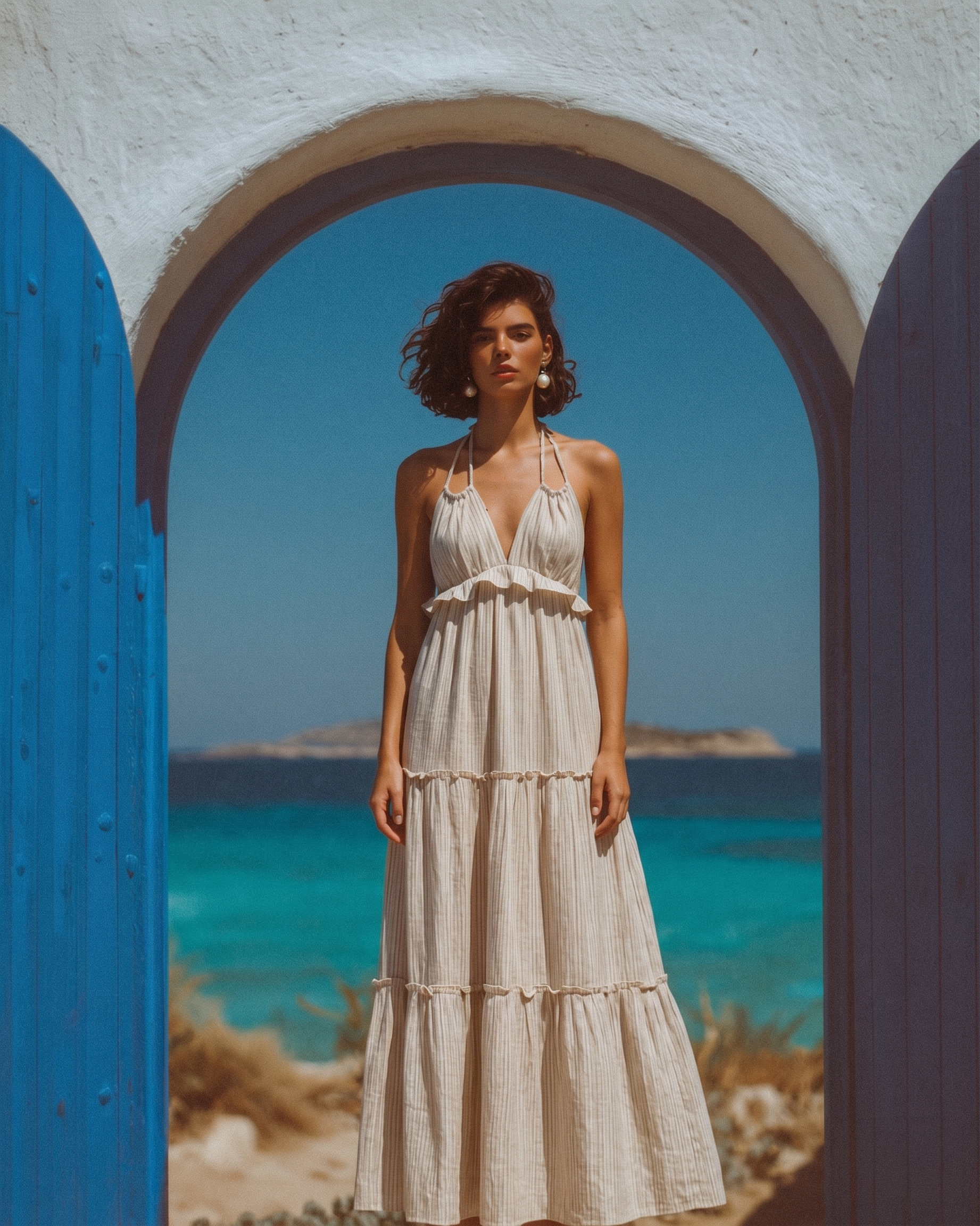 Neck Tie Ruffle Dress — Sand Stripe