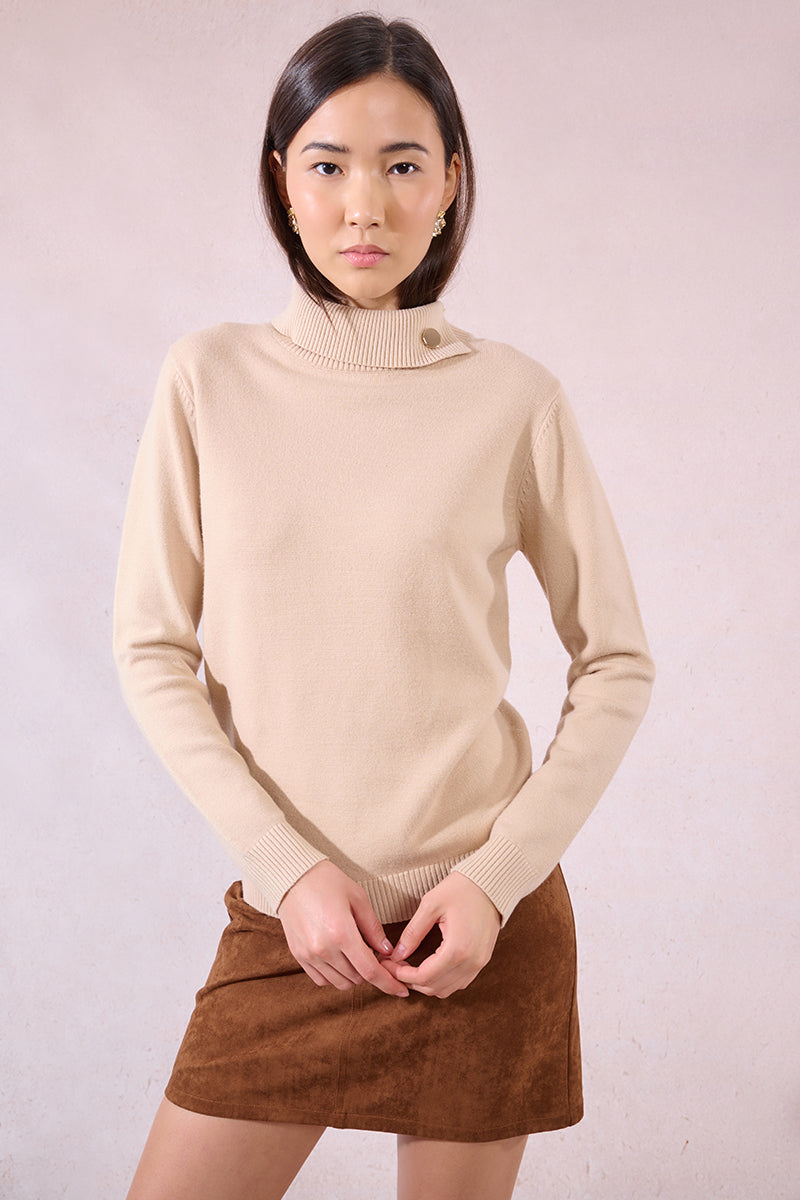 Golden Button Knitted Sweater – Beige Turtleneck by Molly Bracken