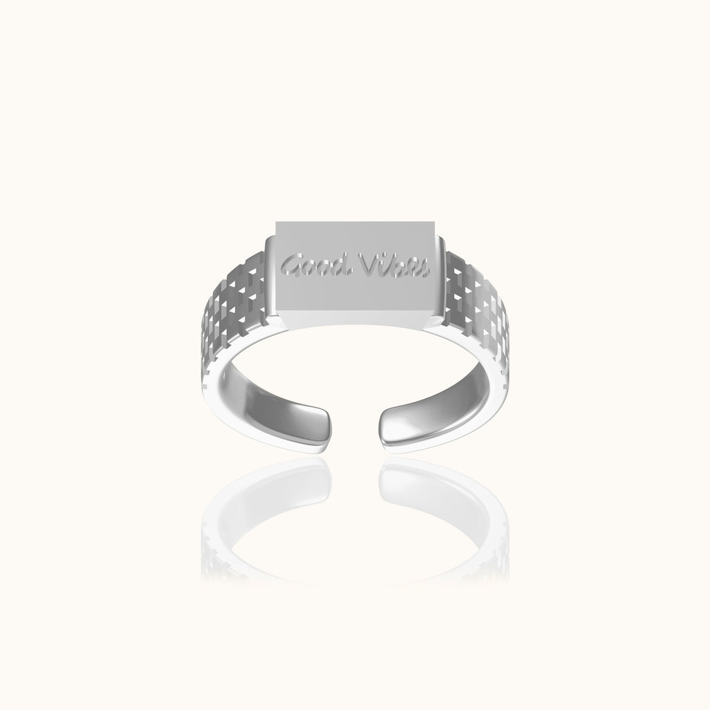 Doviana Signature Good Vibes Silver Cubic Engraved Ring