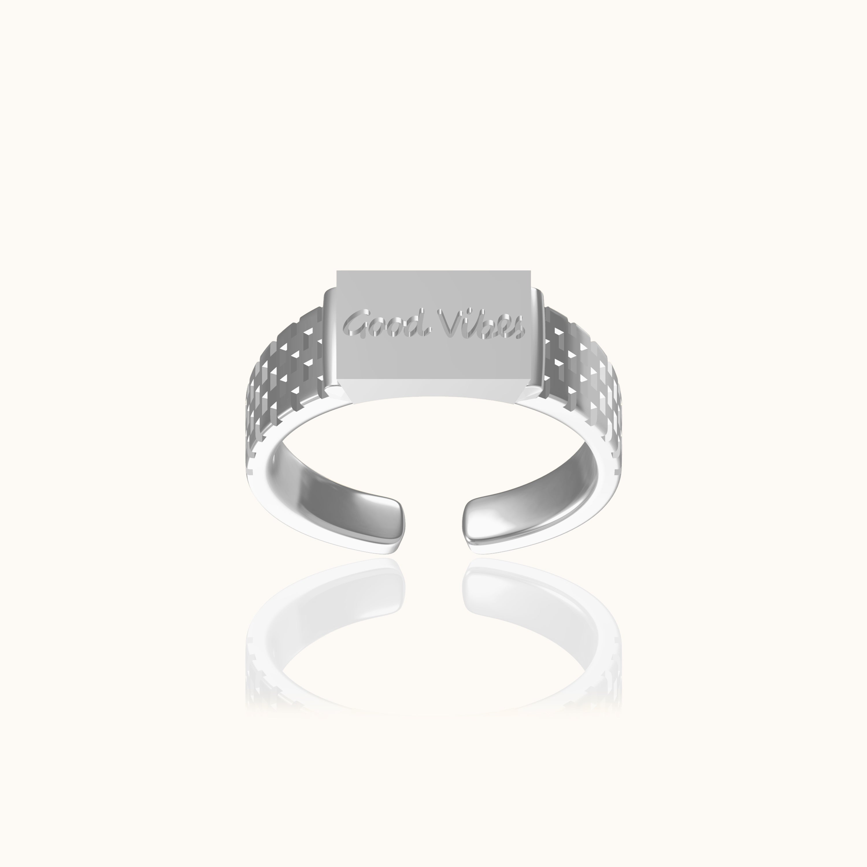 Doviana Signature Good Vibes Silver Cubic Engraved Ring