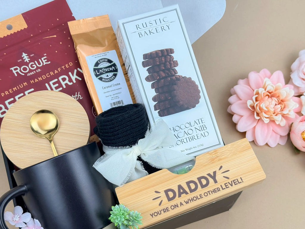 Gourmet Coffee Gift Box for Dad – Mug, Caramel Coffee, Jerky, Shortbread, Socks & Accessories