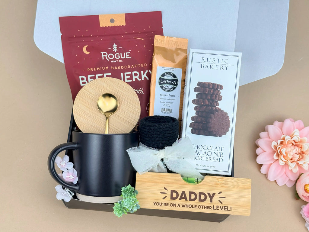 Gourmet Coffee Gift Box for Dad – Mug, Caramel Coffee, Jerky, Shortbread, Socks & Accessories