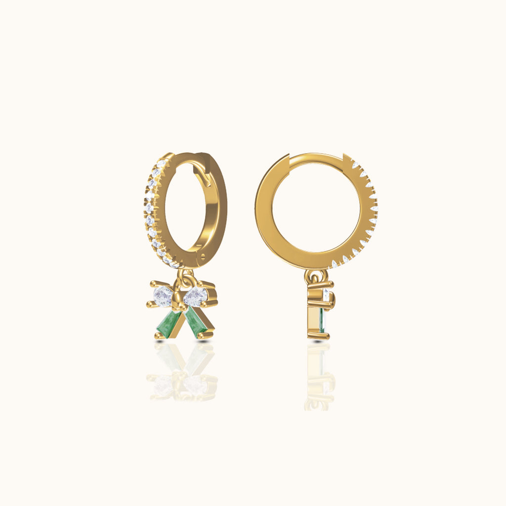Green Bow Ballerina Ribbon CZ Dangle Hoop Earrings