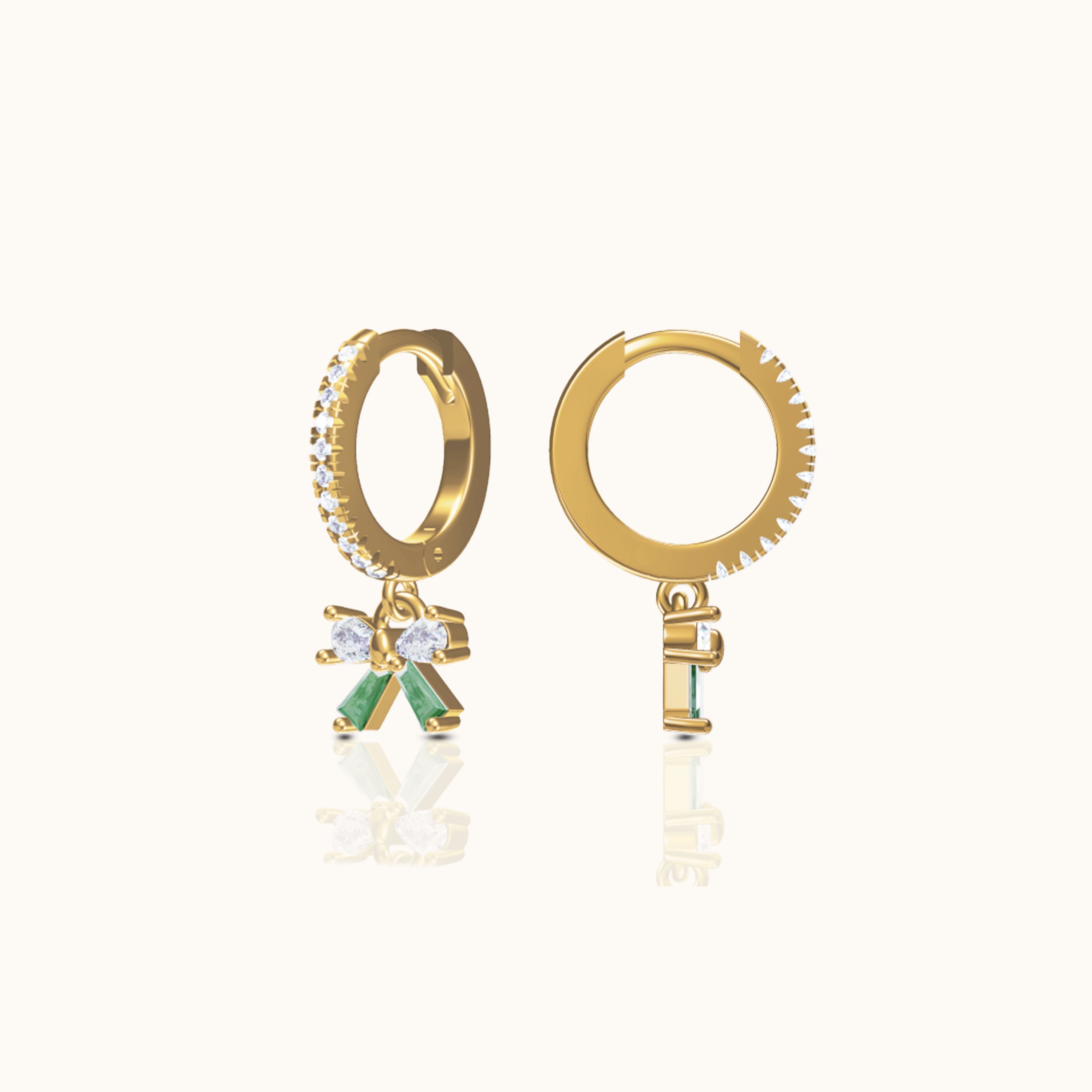 Green Bow Ballerina Ribbon CZ Dangle Hoop Earrings