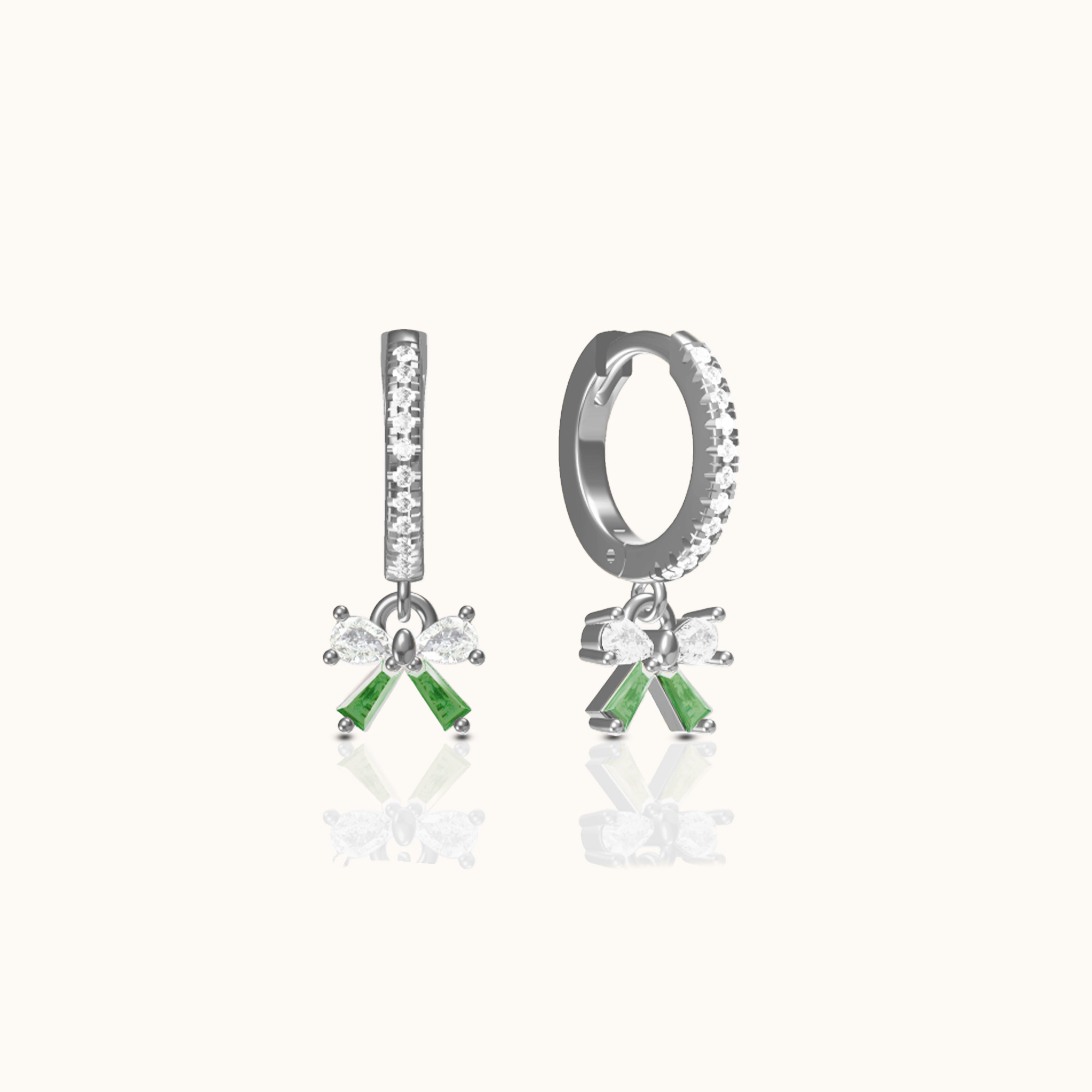 Green Bow Ballerina Ribbon CZ Dangle Hoop Earrings